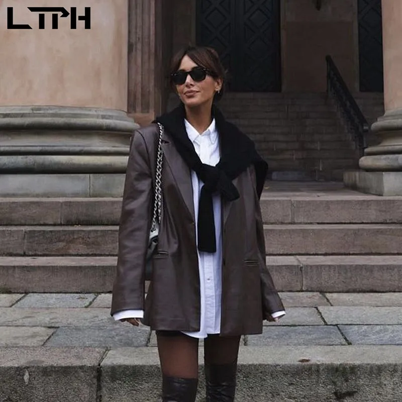 LTPH vintage coat PU faux leather blazer women jacket high quality elegant single-breasted casual outwear 2023 autumn new