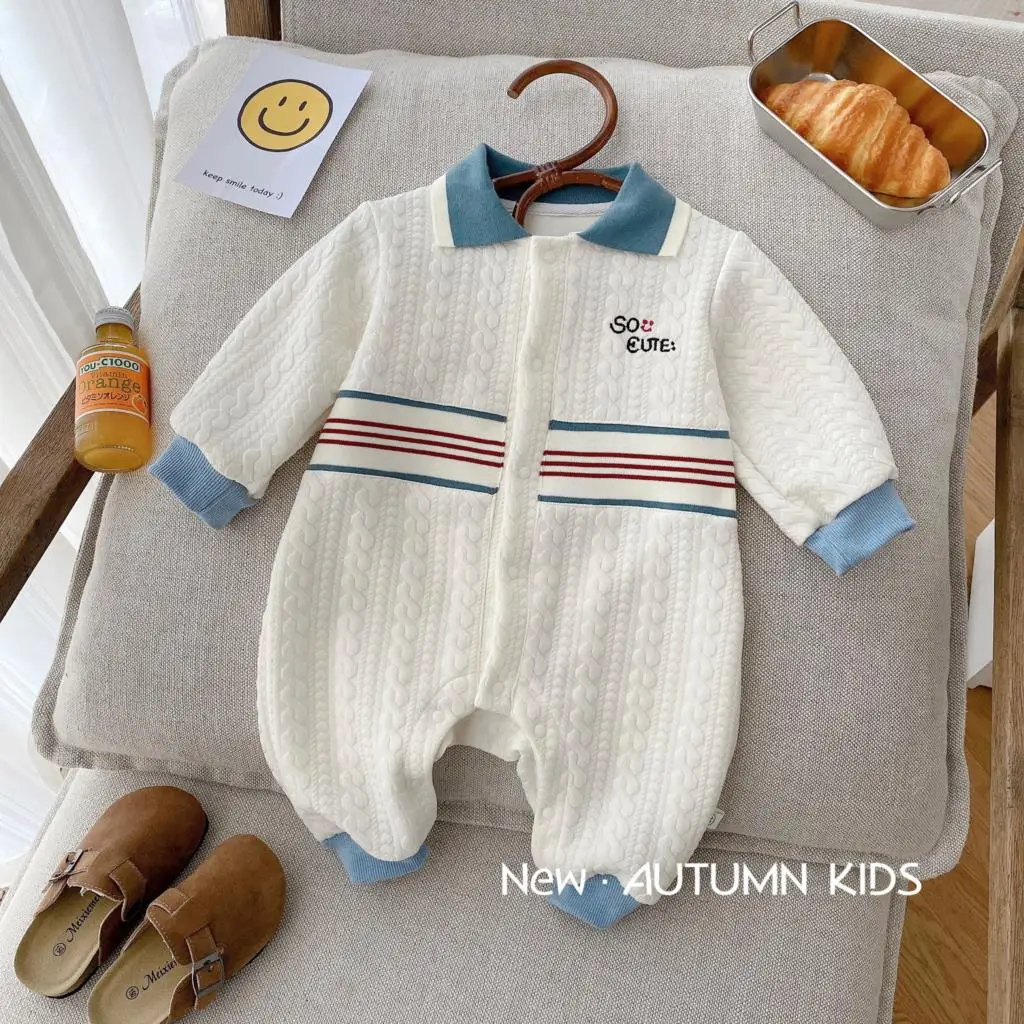 

2023 Korean Spring Autumn Infant Boys Jumpsuit Turn Down Collar Loose Romper Single Breasted Striped Toddler Boys Bodysuit