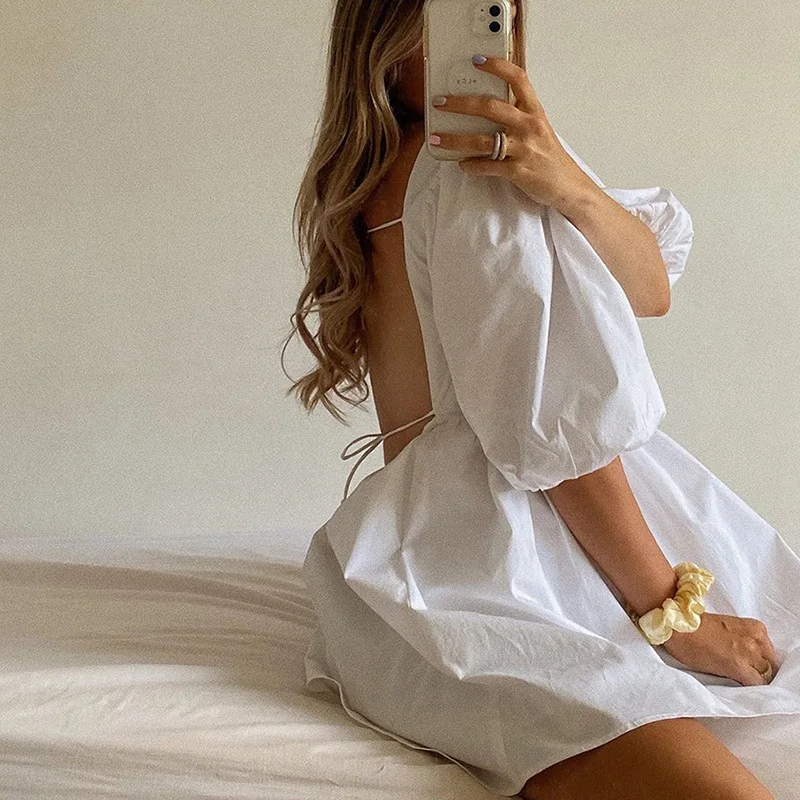 

Sexy Backless Lace Up Mini Dresses Boho White Puff Sleeve Sweet Dress Chic Women Elegant Lady for Wedding Party Summer Clothes