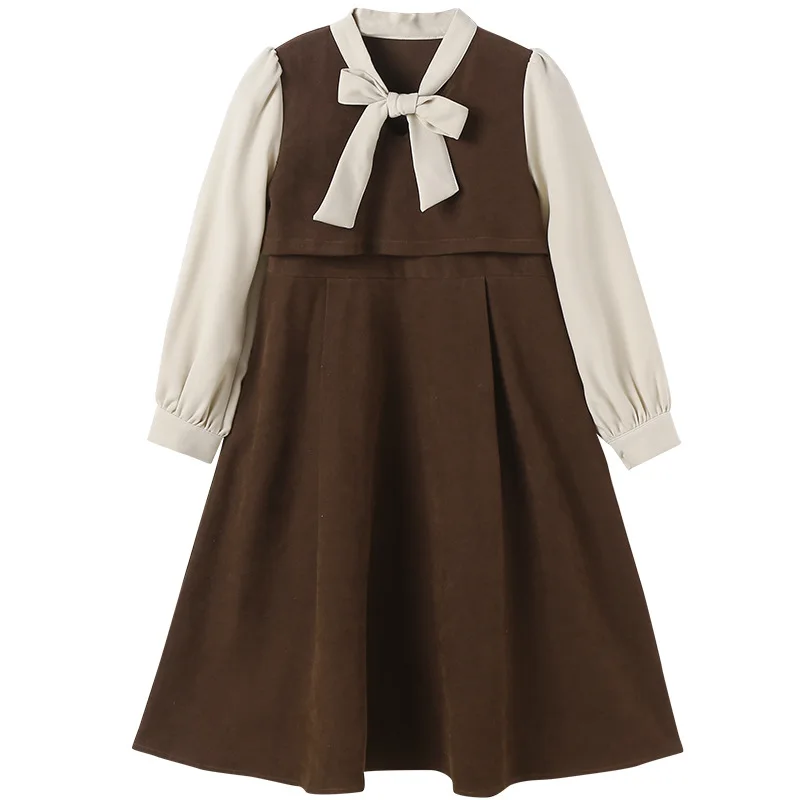 

Girls Autumn Winter Dress Teenager and Kids Patchwork Corduroy Midi Dress 2022 New Children Clothes Bow Cotton,#6489