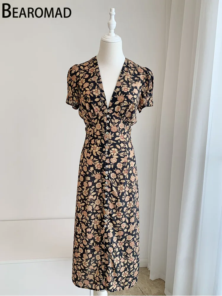 

Женское винтажное платье миди Bearomad, модельное однобортное платье с V-образным вырезом и цветочным принтом, праздвечерние платье с высокой т...