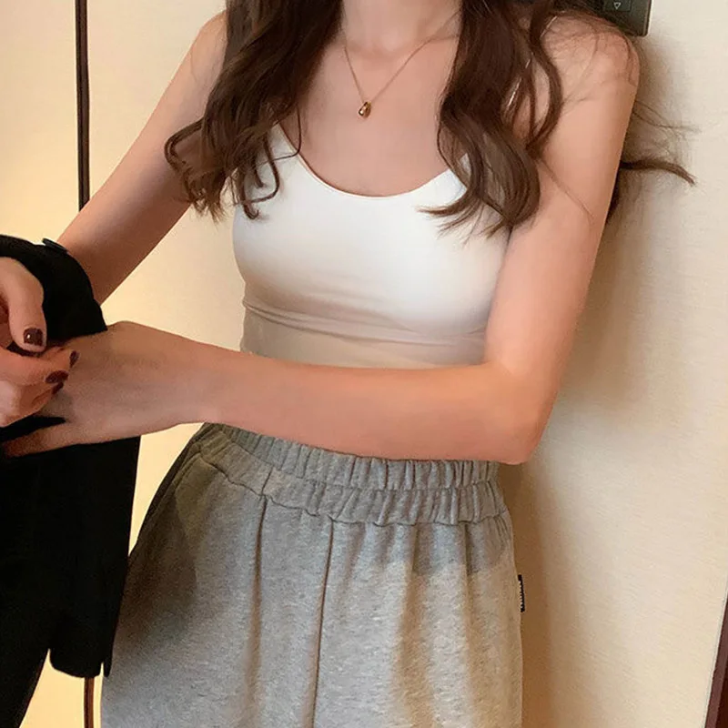 Сексуальный однотонный укороченный топ спортивный на бретелях-спагетти женский