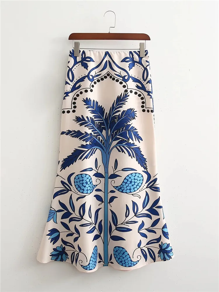 

Summer New Women's Green Leaf Pattern Long-sleeved Top High Waist Long Fashion Skirt