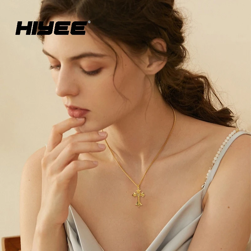 

HIYEE Copper Zircon Cross Pendant Series Necklace Stainless Steel Waterproof Chain Men and Women Party Banquet Charm Jewelry