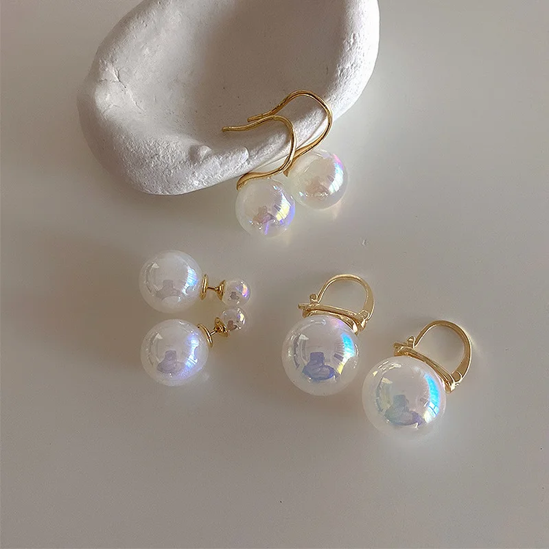 

Trendy 3 Designs Colorful AB Color Round Pearl Earring for Women Gold Color Alloy Oversize Pearls Dangle Drop Earrings Brincos