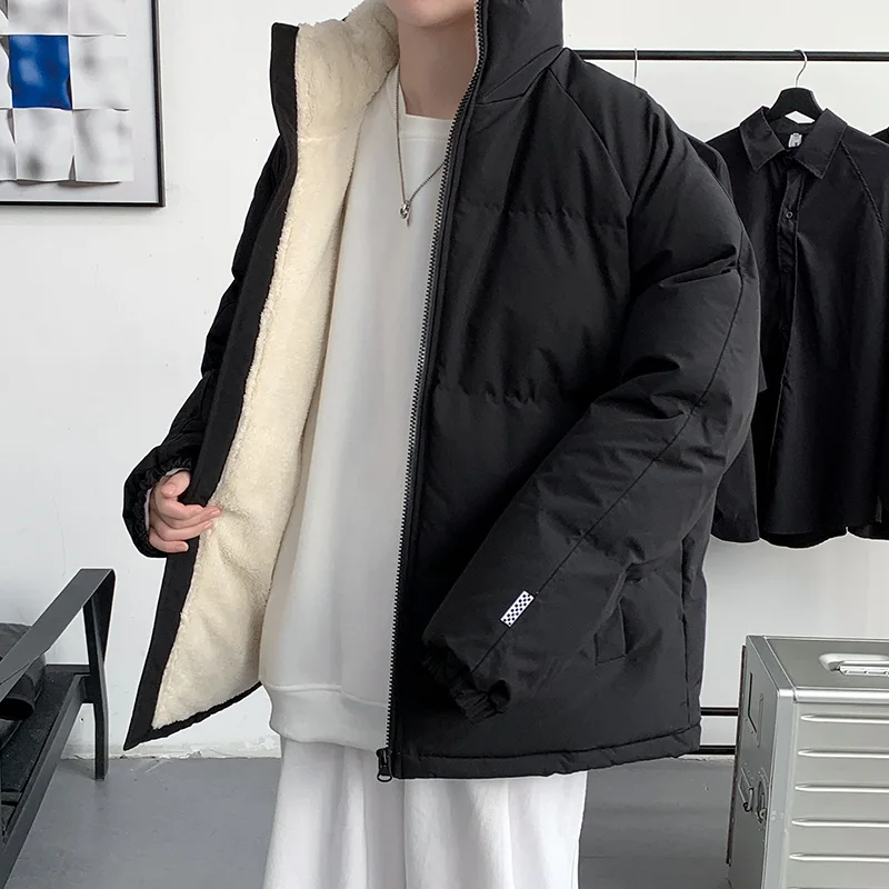 

EOENKKY/2022 Winter New Jacket Men Brand Loose Thicken Fleece Warm Mens Parkas Solid Stand Collar Winter jacket Men M-5XL