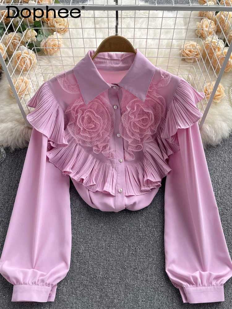 

French Sweet Flower Ruffles Long Sleeve Blouse Top Women High-Grade Chic Beautiful Chiffon Shirt 2022 New Autumn Camisa Feminina
