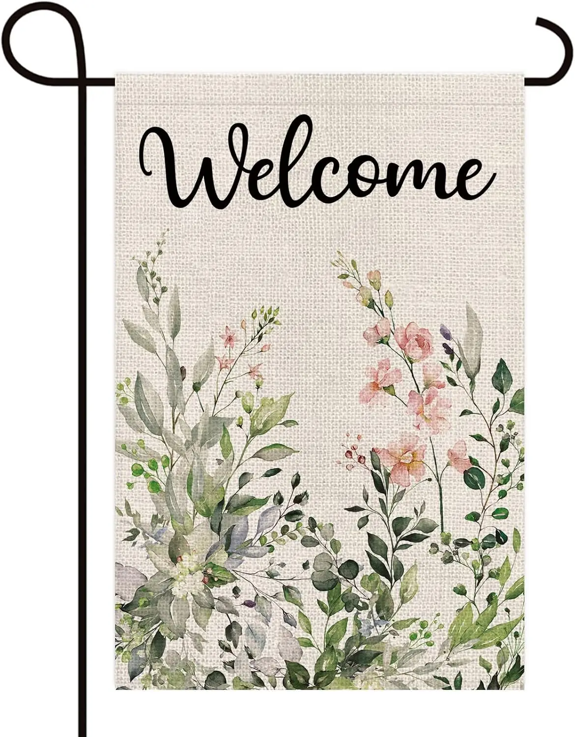 Фото Двусторонний вертикальный садовый флаг Texupday Welcome из мешковины с зелеными листьями эвкалипта и цветочным декором для весны и лета №1
