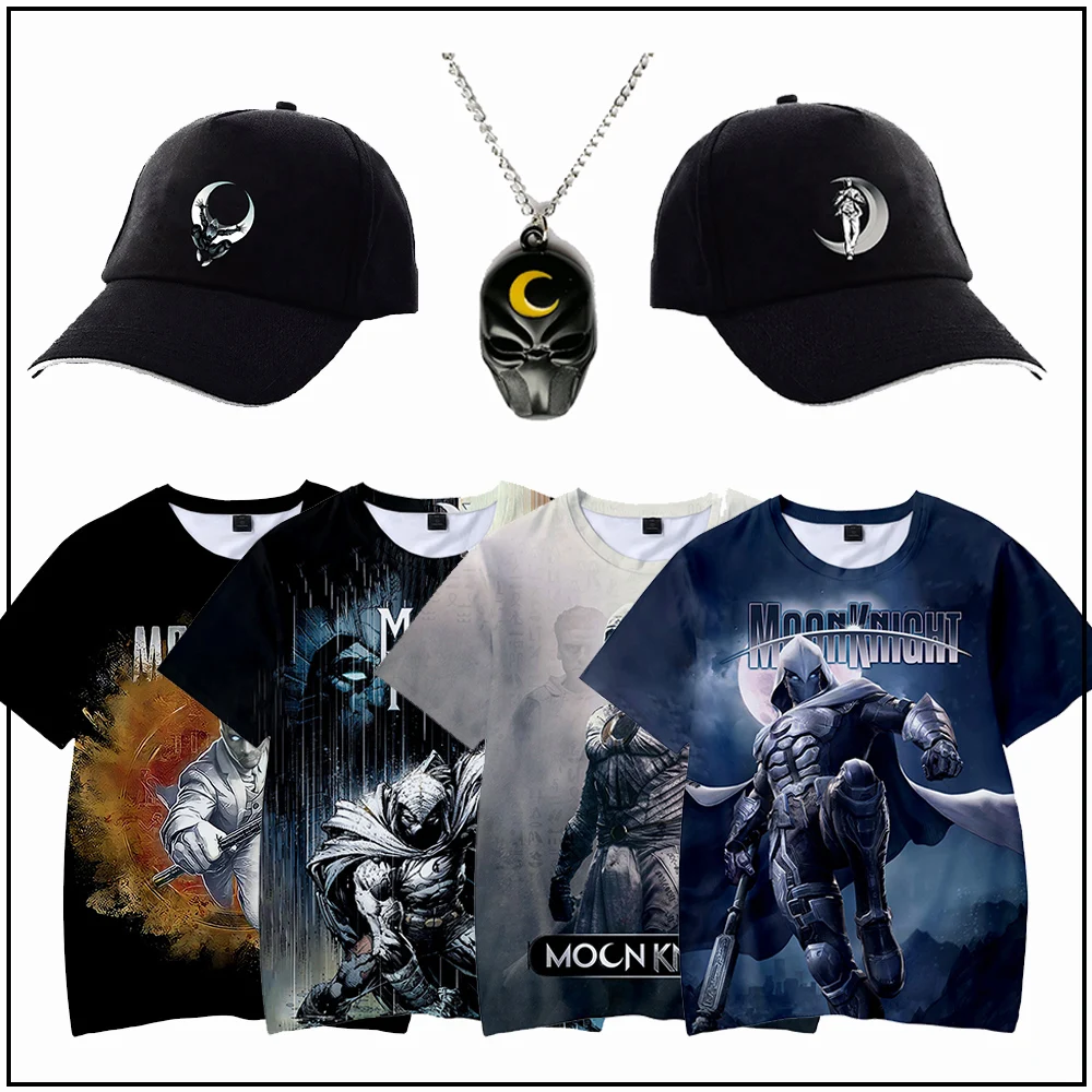 

2022 Moon Knight Adults Cosplay Costume Short Sleeve 3D Printed T Shirt Hat and Bag Necklace Suit for Halloween Clothes Props