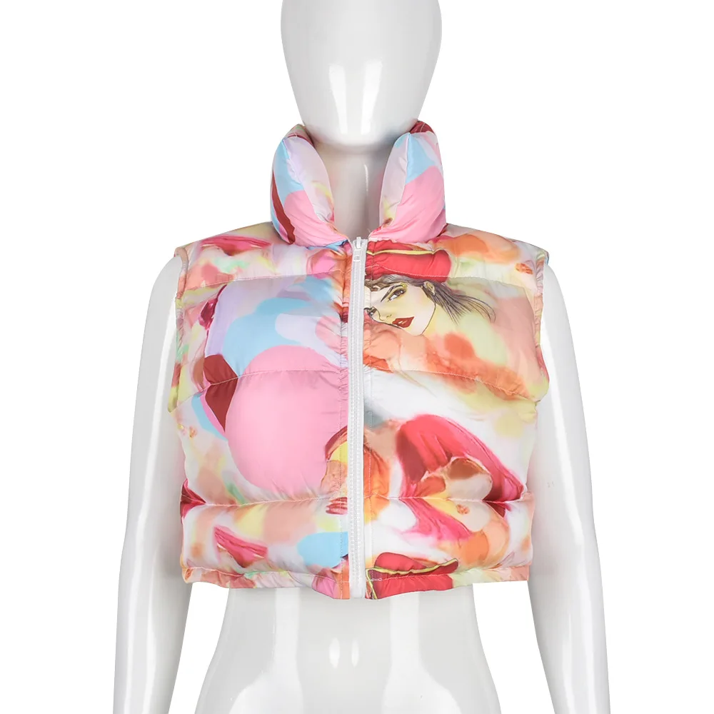 2022 Women's Clothing Jackets Fall and Winter Vest Cotton Jacket Cartoon Stand-Up Collar Zipper Personality Female Jacket