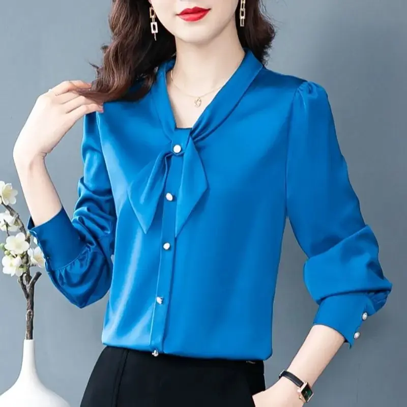 Женская атласная рубашка с бантом элегантная офисная блузка в Корейском стиле