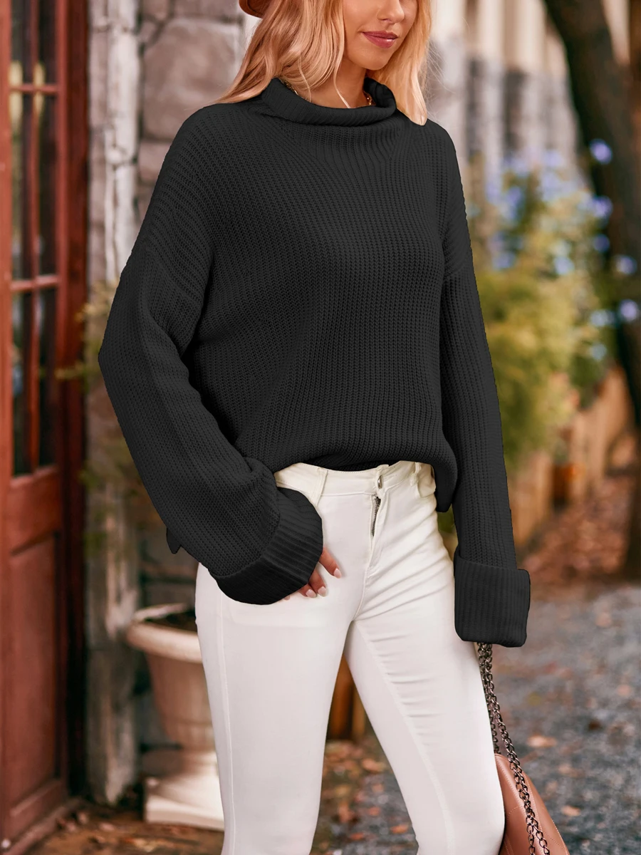 

Fall Sweaters for Women 2023 Drop Shoulder Long Bell Sleeve Mock Neck Sweater Split Hem Ribbed Knit Pullover Jumper
