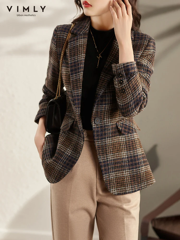 

VIMLY Winter Plaid Coats and Jackets Women 2020 Fashion New Lapel Pockets Overcoat Elegant Female Blazer Woolen Coat F8623