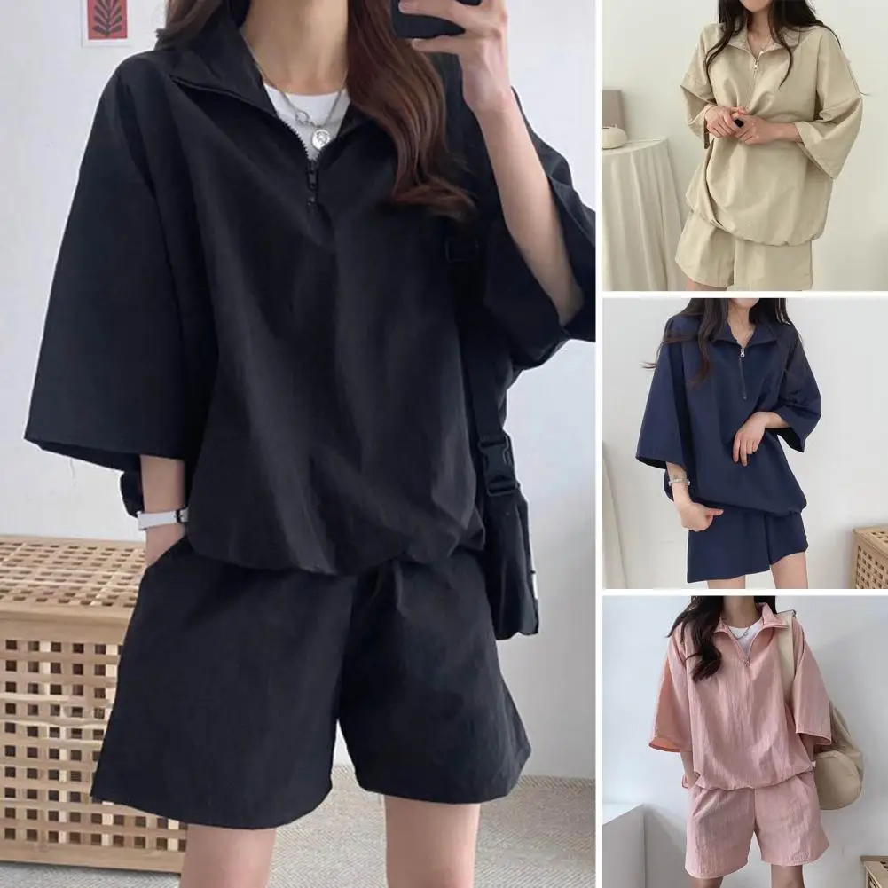 

Korean Style Summer Tracksuit Women Two Piece Set Solid Color Lapel Half Sleeve Sweatshirts Shorts Sets Female conjuntos cortos