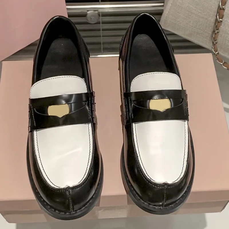 Luxury single platform shoes moccasins female leather Spring and Summer one step thick heel black british small leather shoes