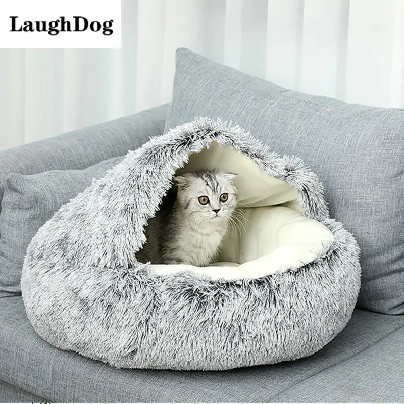 

Soft Plush Cat Bed Round Winter Warm Pet Bed House 2 In 1 Kitten Cushion Nest Long Plush Beds ​For Small Dogs Cats Sleeping Bag