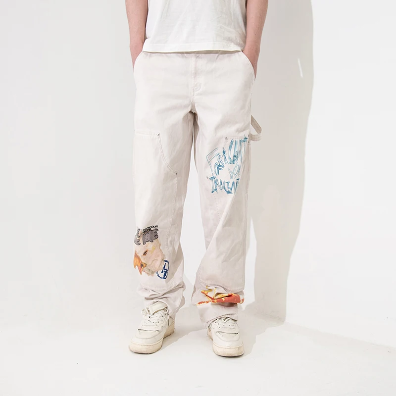 

Four Seasons Travis Cactus White Overalls Men Trousers High Street Casual Lightning Eagle Print Letters Women Cotton Pants