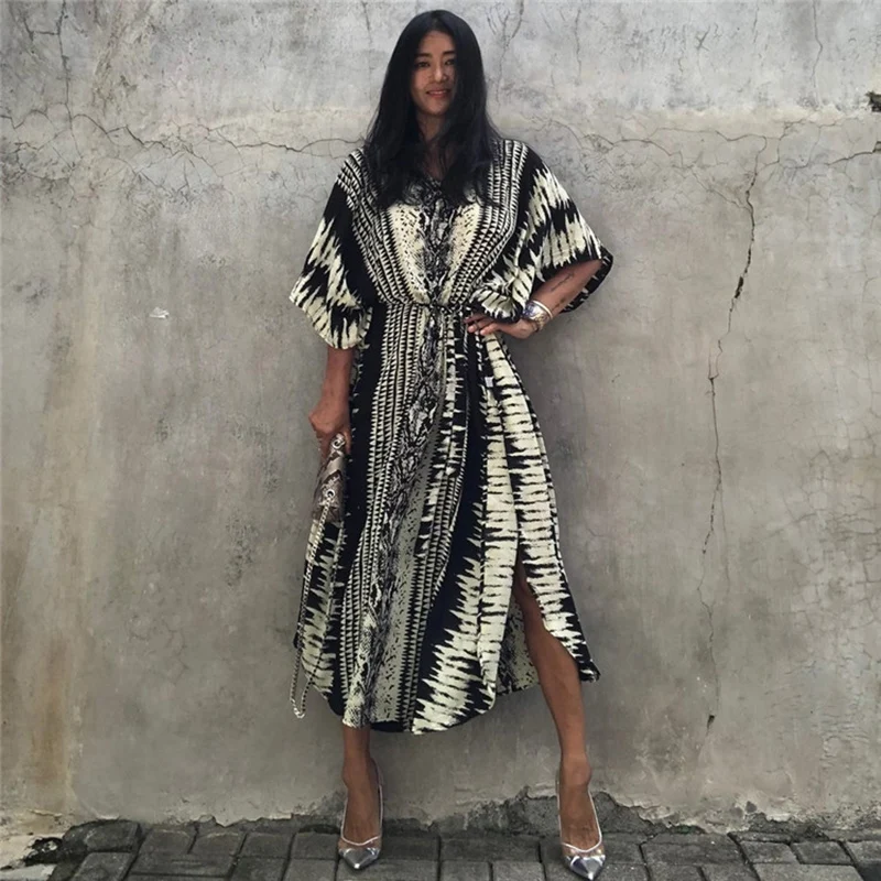 

2022 Bikini Cover Up Vintage Snake Print Self Tie Belt Women Summer Tunic Plus Size Beachwear Swimwear Cover Up
