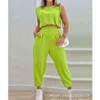 womens sexy solid color loose outfit 2 piece suit womens fashion round neck sleeveless vest top high waist pocket pants suit