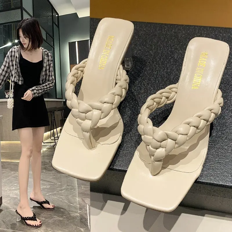 

Sandals women new woven plaid outer wear high-heeled flip flops thick-heeled slippers women summer women's shoes fashion hot