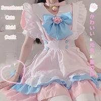 women maid outfit cosplay anime lolita costume cute cat pink blue lace trim apron cat paw lolita dresses full set plus size 5xl