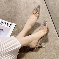 summer 2022 new thin heels glass shoes transparent sandals french girls pointed heels