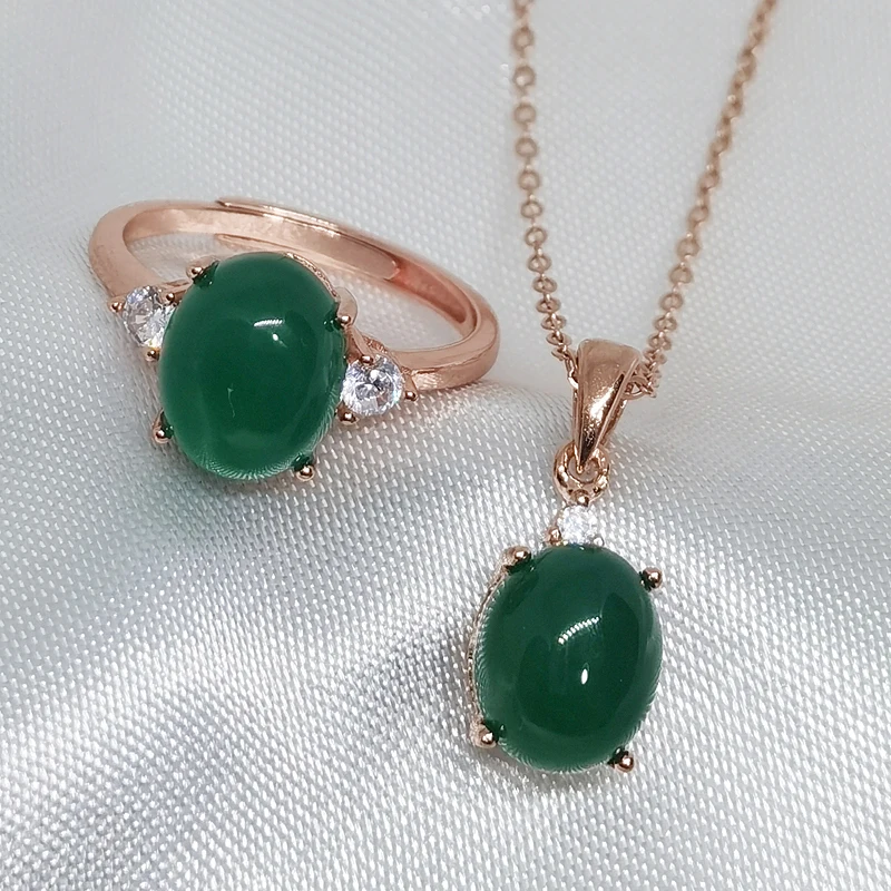 

MeiBaPJ Natural Chalcedony Gemstone Ring and Necklace for Women Real 925 Sterling Silver Green Stone Fine Jewelry Set