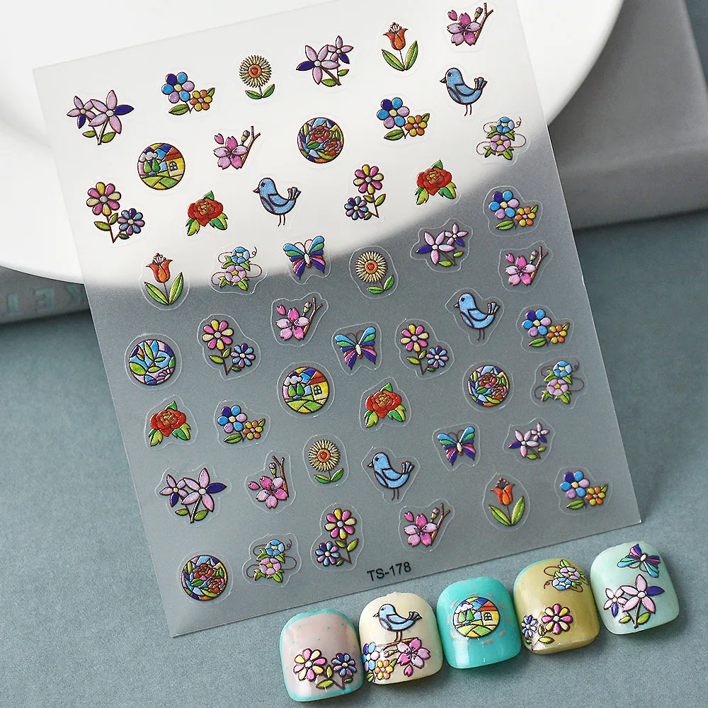 

Colourful Floral Series Embossed Nail Art Sticker 5D Birds Flowers Pattern Design Decor Ultra Thin Charm Sliders Manicure Decals