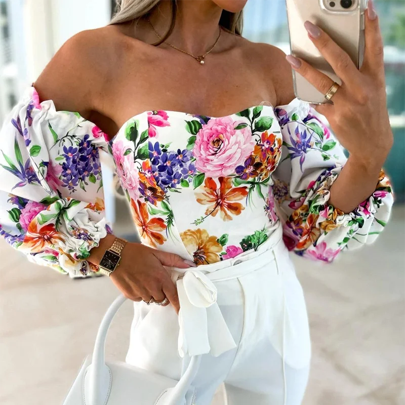 

Elegant Flowers Pattern Printed Blouse Sexy Off Shoulder Puff Sleeve Pullover Tops Spring Summer Women Fashion Bohe Shirts Blusa