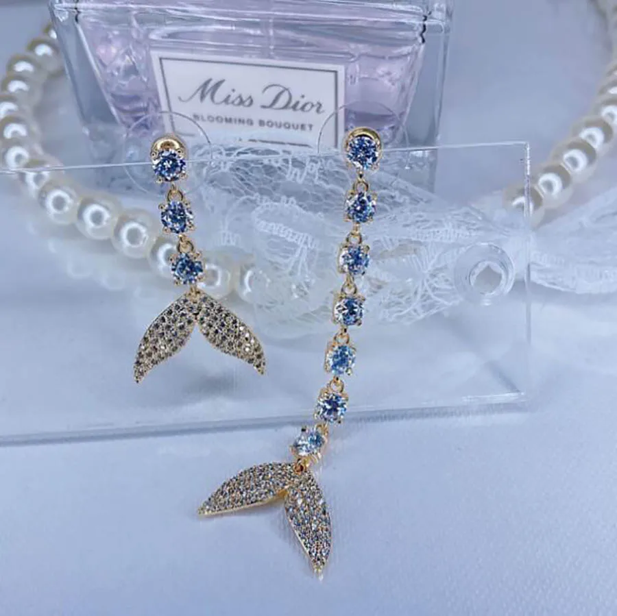 unique design high-end blue diamond fashion exaggerated asymmetric long fish tails earrings for women elegant banquet jewelry