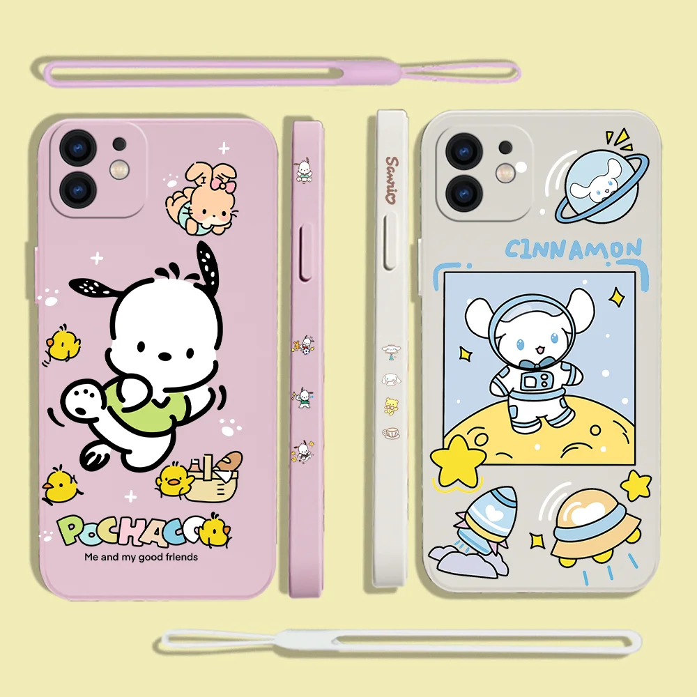 

Sanrio Cinnamoroll Phone Case For iPhone 14 13 12 11 Pro Max Mini X XR XS MAX SE20 7 Plus 6S Plus Silicone Cases with Hand Strap