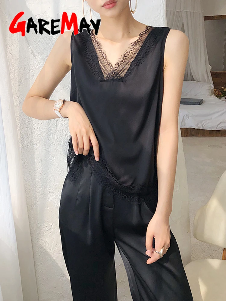 Женские летние блузки без рукавов кружевные Базовые черные красивые элегантные
