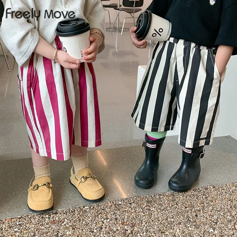 

Freely Move 2022 Spring Summer Stripped Cotton Child Baby Kids Unisex Sports Seventh Trousers Pants For Boy Girl
