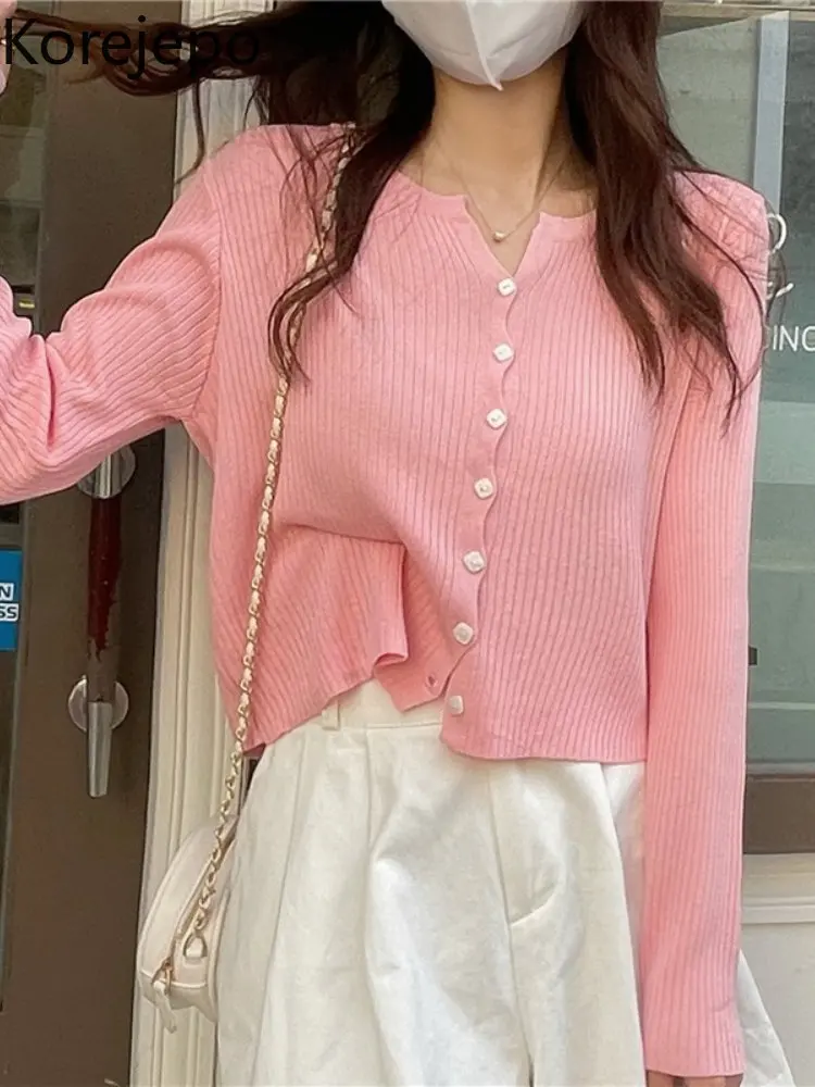 

Корейская простая сексуальная розовая рубашка, короткий тонкий вязаный кардиган, женский весенний элегантный темпераментный модный волше...