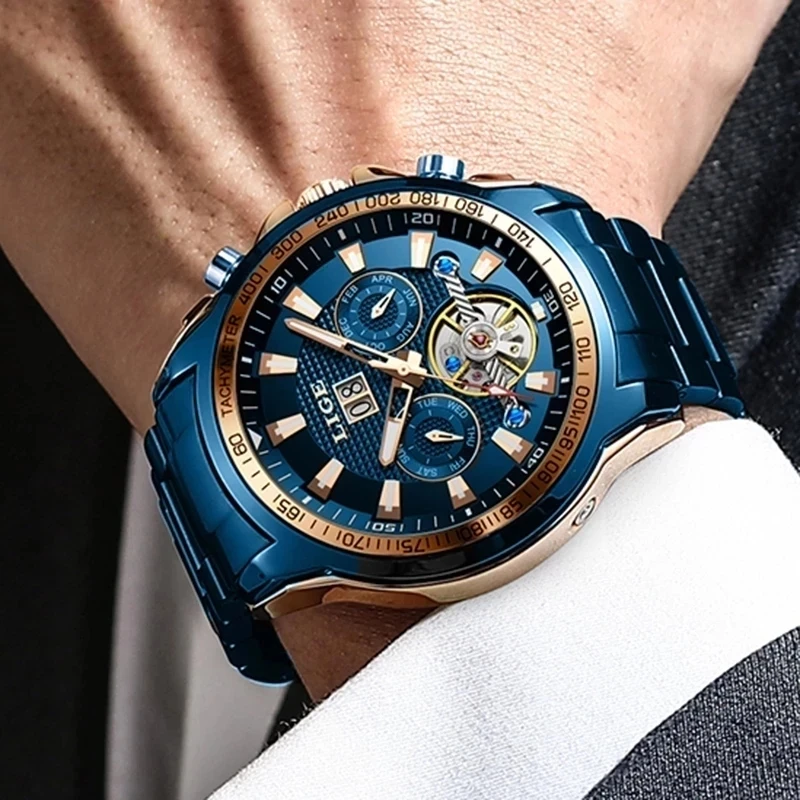 LIGE Watches Mens Sapphire Glass Automatic Watch Man Fashion 100M Waterproof Clock Male Luxury Full Steel Sport Mechanical Watch enlarge