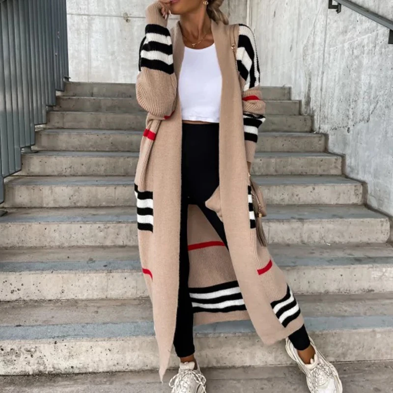 

2022 Autumn Winter Fashion Knitted Cardigan Women Elegant Striped Patchwork Loose Long Outerwear Casual Long Sleeve Sweater Coat