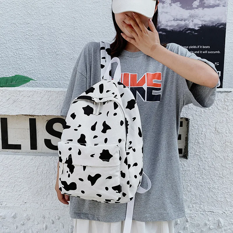 

New Cow Pattern Canvas Backpack Cute School Bag Black Spot Bump Color Student Bag