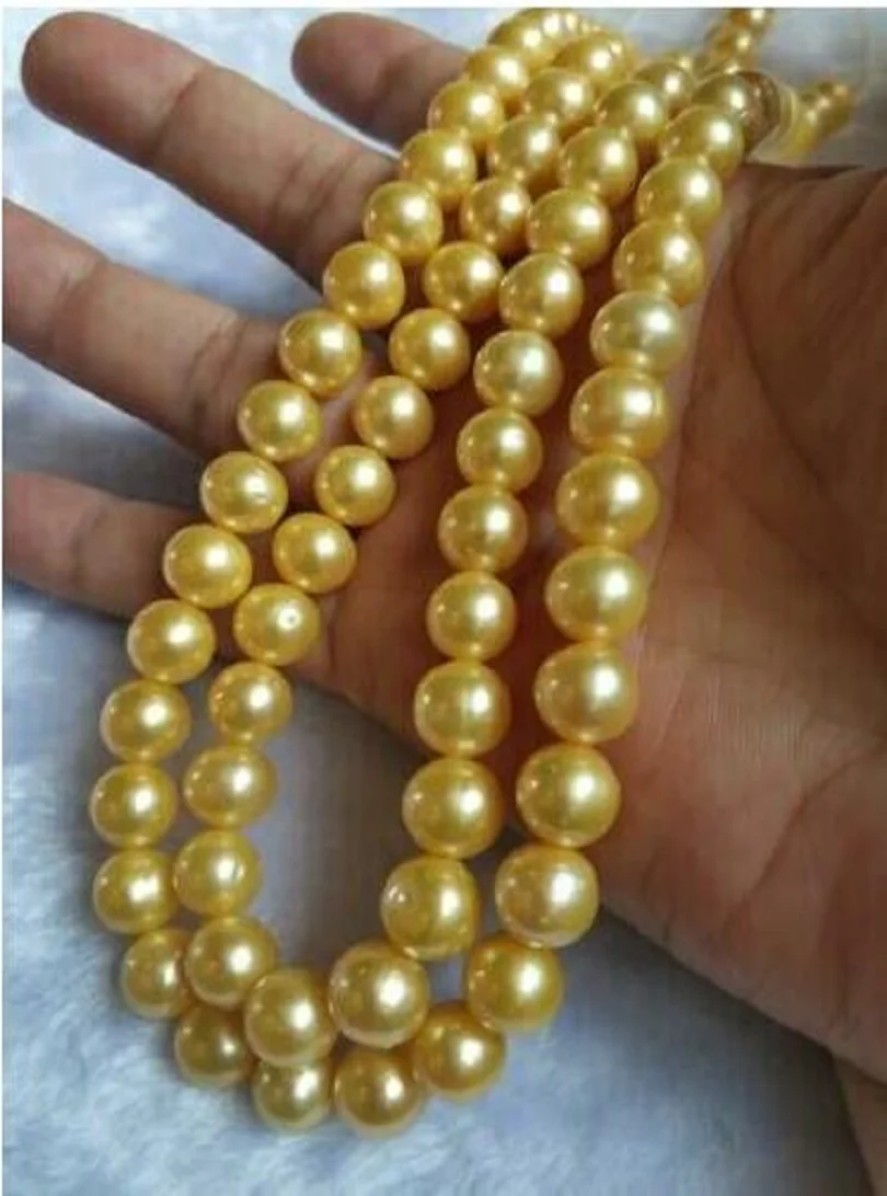 

35 inch AAAA 10-11mm natural round South China Sea gold pearl necklace 14K