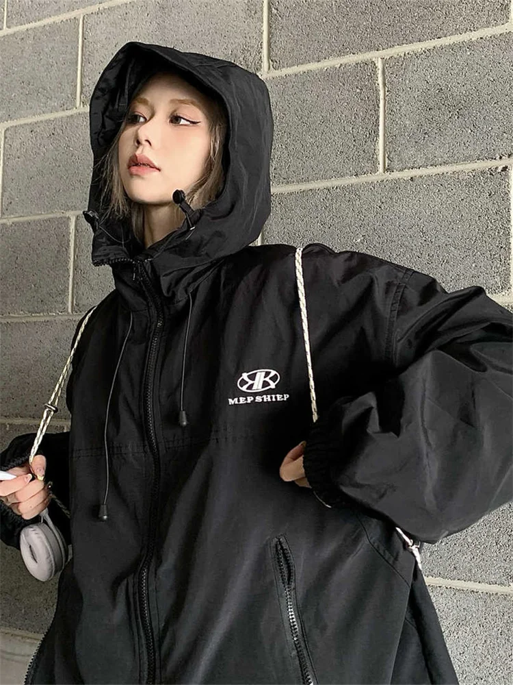 QWEEK Y2K Green Windbreaker Jacket Women Oversized Hip Hop Streetwear Black Waterproof Hooded Coat Harajuku Techwear Outerwear images - 6