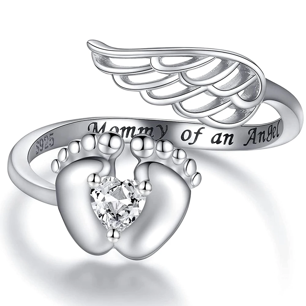 Personalized Sterling Silver Angel Wings&Baby Feet Miscarriage Ring -Loss of Pregnancy Rings Jewelry Memorial Gift for Women Mom