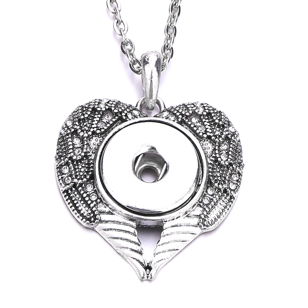 

10pcs Vintage Heart Wings Shape Crystal Snap Button Necklace 18mm Metal Snaps Buttons Pendant Necklaces For Women Jewelry