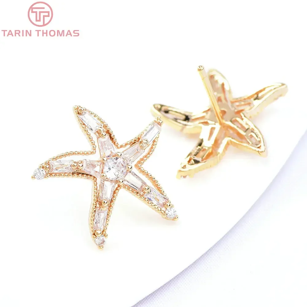 (6530) 2 шт. 18 мм 24-каратное золото латунь с цирконом серьги-гвоздики в виде морской