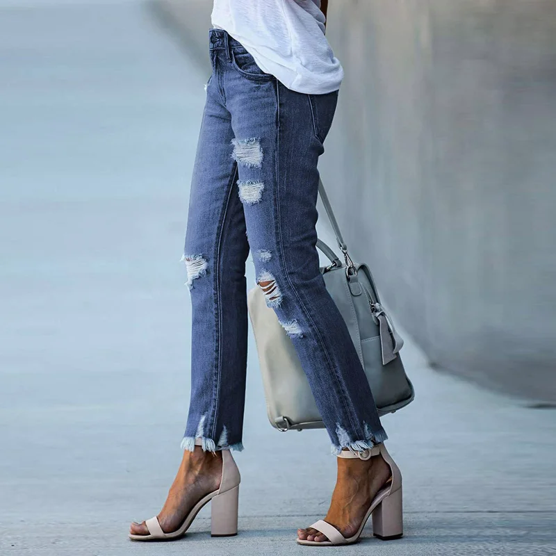 Raw Edge Ripped Slim Jeans Woman Summer Fashion Casual Straight Leg Nine Points Solid Color All-match Mid Waisted Slouchy Jeans