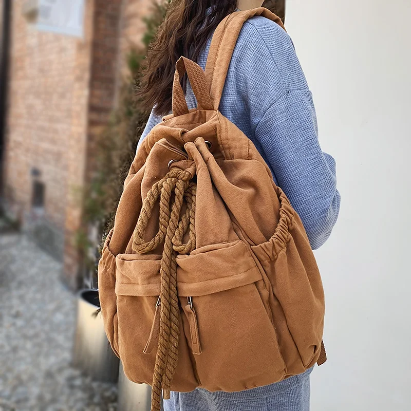 

Рюкзак на шнурке для женщин, крутая дамская сумка для колледжа, модный Удобный коричневый холщовый дорожный ранец для девушек и женщин для ноутбука в винтажном стиле