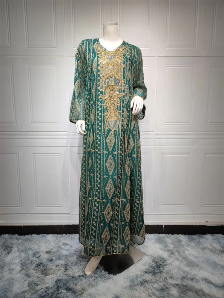 

Corban Eid Al Adha Muslim Women Abaya Arab Dubai Moroccan Caftan Party Evening Dresses Sequin Gold Thread Embroidered Robe 2023