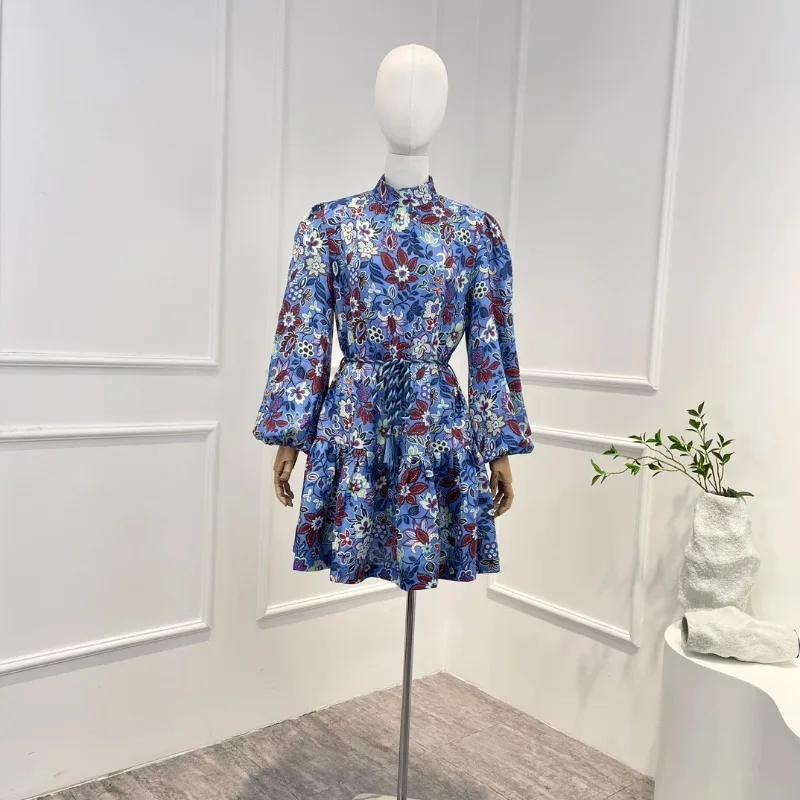 

Blue Floral Print Vintage Mini Dress 2023 New Autumn Top Quality Linen Casual Long Lantern Sleeve Woman Clothing