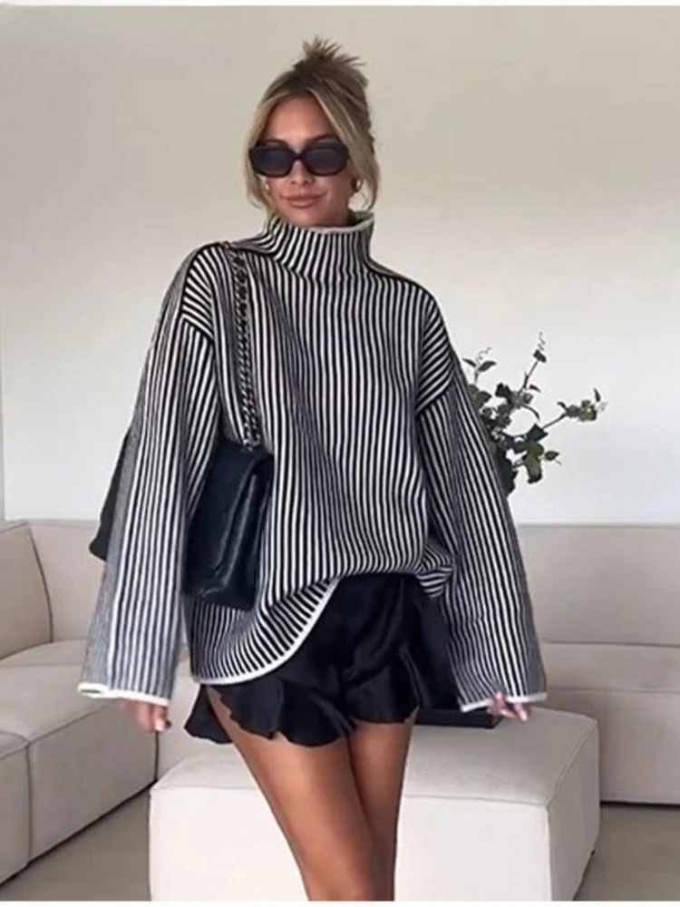 Женский Теплый свитер в полоску элегантный Свободный пуловер с высоким