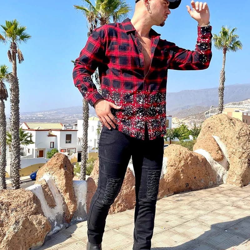 Plaid Long Sleeve Man Blouse Vintage Men Designer Tops Casual Slim Fit Single Breasted Men Shirt Daily Outwear Male Loose Blouse