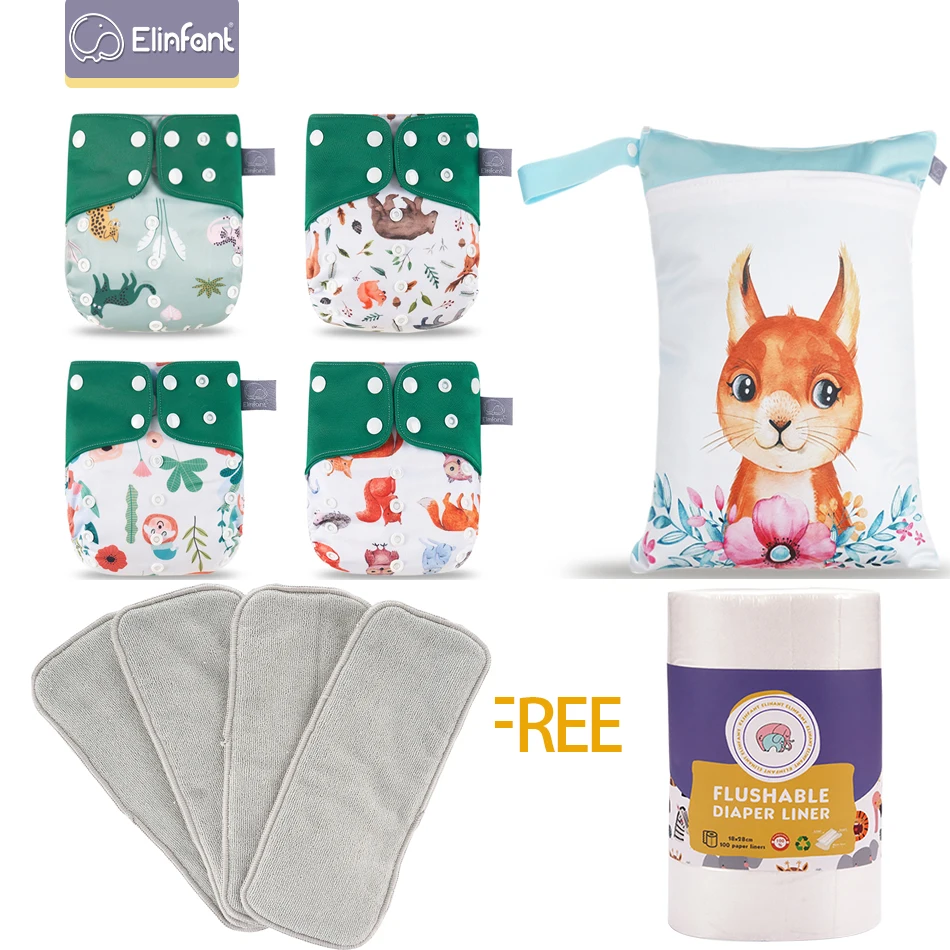 

Elinfant Diaper Set ECO-friendly 4pcs/set Washable Gray Mesh Reusable Cloth Diapers Waterproof Wet Bag With Free Bamboo Liner