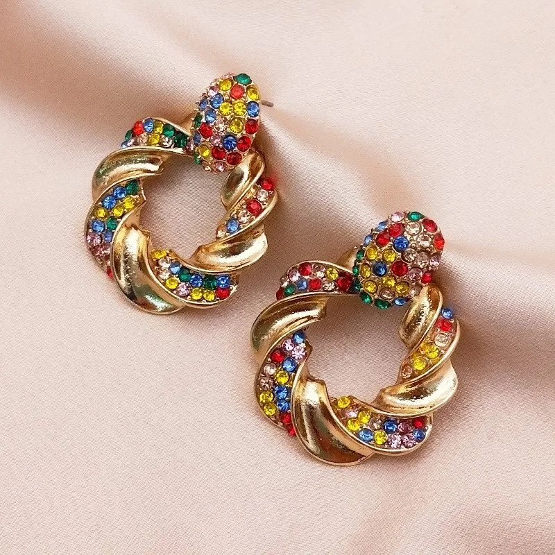 Colorful  Earrings Exaggerated Gold Alloy Rhinestone Earrings Rhinestone Earrings Retro Geometric Colorful Round Ring Earrings
